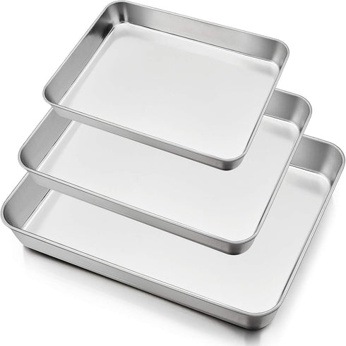 P&P CHEF Deep Baking Pan Set of 3, Stainless Steel Baking Sheet Lasagna Rectangle Cake Pan for Oven Use