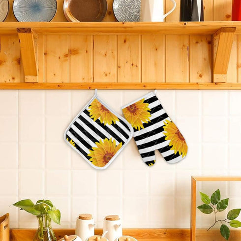 Set of Oven Mitt and Pot Holder, Sunflowers Oven Gloves, Heat Resistance Non-Slip for Kitchen BBQ Cooking