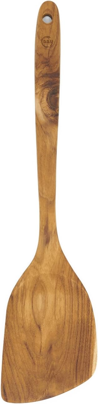 FAAY 13.5” Stir Fry Wooden Spatula for RIGHT Hand, Ergonomic Handle Saute Paddle, High Moist Resistance Golden Teak