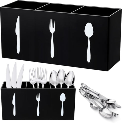 Acrylic Cutlery Storage Organizer Bin for Kitchen - 3 Section Silverware Caddy, Knife Spoon Fork Holder (Black)