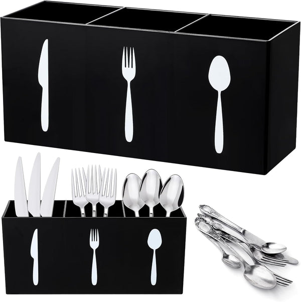 Acrylic Cutlery Storage Organizer Bin for Kitchen - 3 Section Silverware Caddy, Knife Spoon Fork Holder (Black)