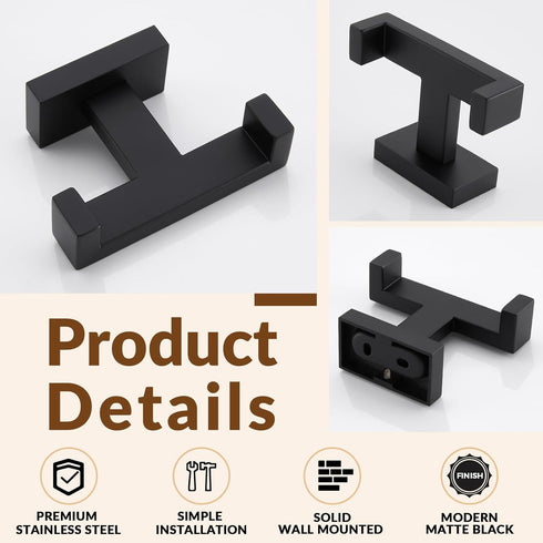 APLusee Double Robe Towel Hook, Stainless Steel Square Dual Coat Hook, Matte Black Utility Storage Hanger