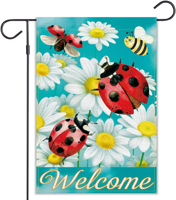 Welcome Ladybug Garden Flag, Vertical Double Sided Sunflower Bee Burlap Summer Yard Decor (12.5 x 18)