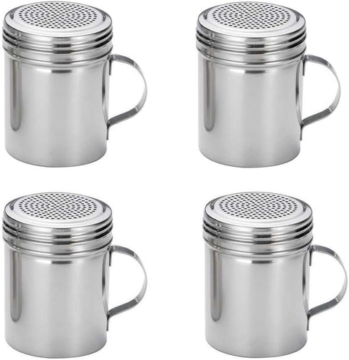(Set of 4) 10 Ounce Stainless Steel Dredge with Handle, Salt, Pepper, Spice Shaker Set