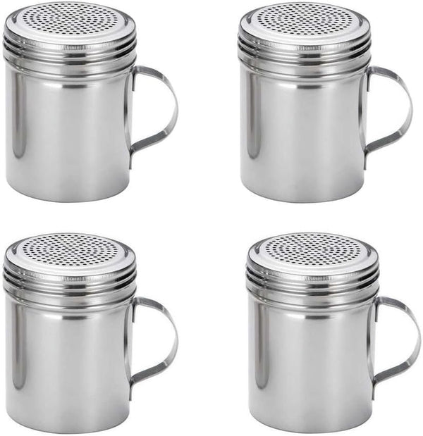 (Set of 4) 10 Ounce Stainless Steel Dredge with Handle, Salt, Pepper, Spice Shaker Set