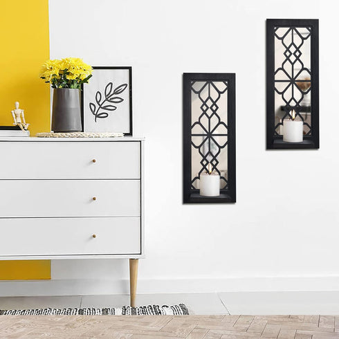 Set 2, Wood Wall Sconce Candle Holder Rustic, Wall-Mount, Farmhouse Hanging Wall Dcor, Carved Wood Frame, Mirrored