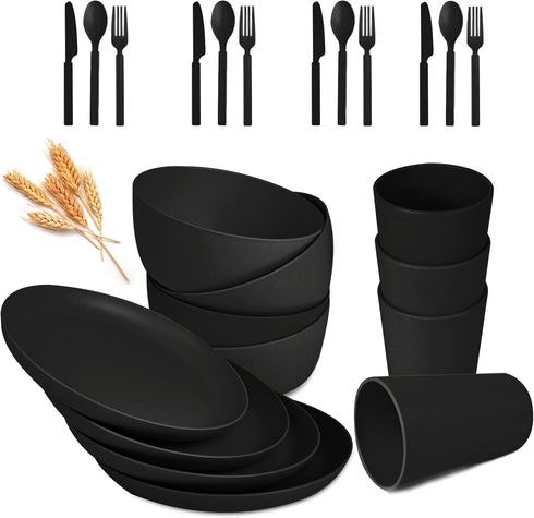 Wheat Straw Dinnerware Sets - 24 pcs Lightweight Unbreakable Cups, Cutlery, Plates & Bowls for 4