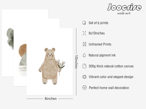 Joocrise Set 6 8x10 Inch Woodland Nursery Wall Art Decor of Animal Canvas Wall Decor Pictures Baby Room Neutral Wall