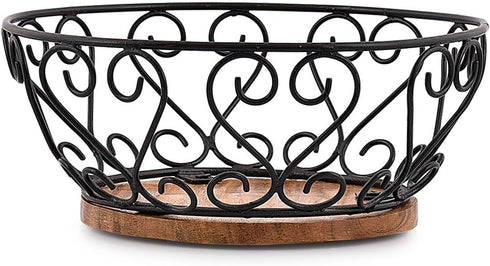 Iron Fruit Bowl With Wooden Base for Kitchen Countertop & Dining Room and Pantries (9" x 9" x 4") by EDHAS