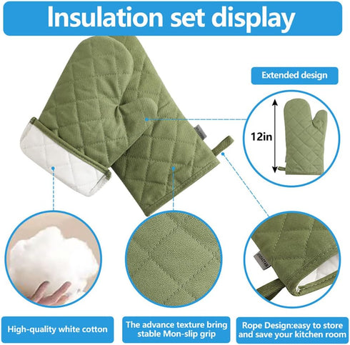 Oven Mitts and Pot Holders Set, 4 pcs, High Heat Resistant 500 Degree Cotton Glove (12 Inch, Green)