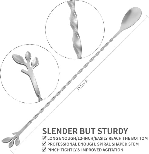AnSaw Silver 12-Inch Stainless Steel Cocktail Spoon with Leaf Handle, Durable Long Handle Bar Stirrer, 2-Pieces