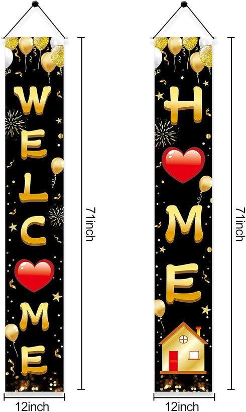 Welcome Home Door Banner Decoration, Black Gold Welcome Back Home Porch Banner for Outdoor Party Supplies