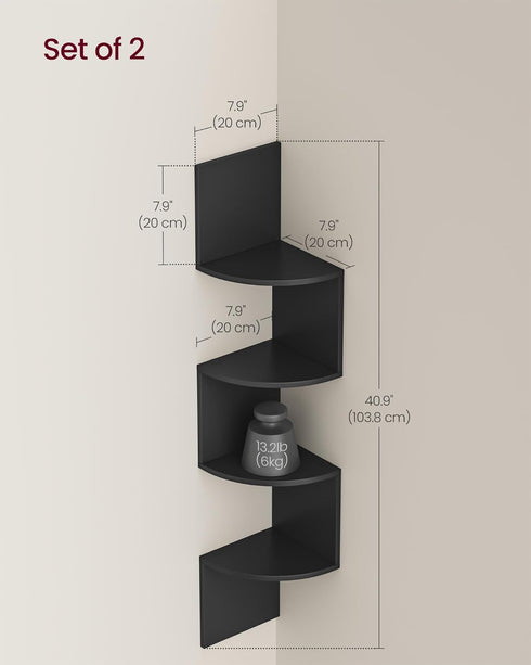 Set 2, 4-Tier VASAGLE of Corner Shelves Wall Mount, Floating Corner Bookshelves, Plant Shelves for Bedroom, Living
