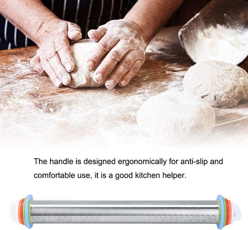 Stainless Steel Rolling Pin, Non-stick Adjustable Cake Dough Roller with Thickness Ring, Bakeware Tool