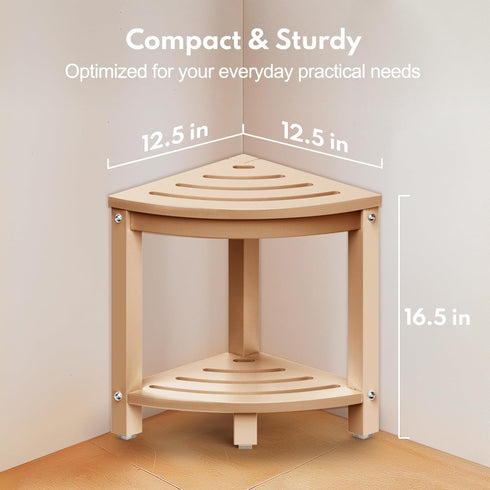 Corner Shower Stool for Inside Shower, HDPE Outdoor Side Table with 2-Tier Storage, Non-Slip Feet, White