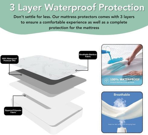 Mattress Protector Bamboo Rayon with Zipper - 100% Waterproof Cooling Cover - Ultra Soft Breathable Noiseless Encasement