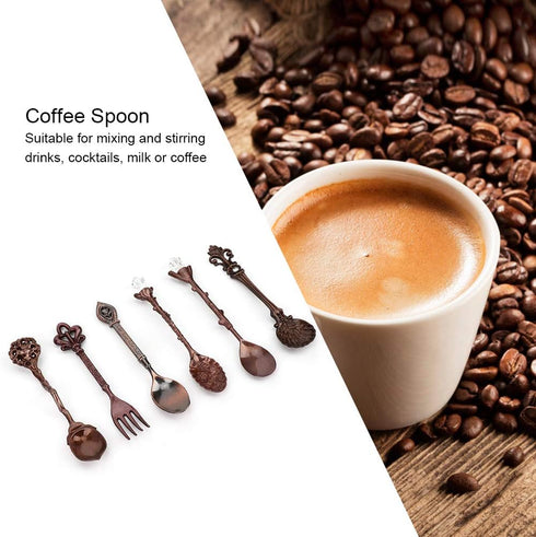 Fdit 6Pcs Vintage Carved Coffee Spoon Set, Retro Zinc Alloy Dessert Cutlery for Kitchen (Red Bronze)