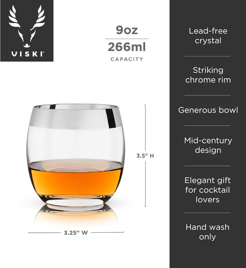 Viski Irving Chrome Rim Crystal Lowball Tumblers - Set of 2, 9 oz Gold Rimmed Cocktail Glass Gift Set
