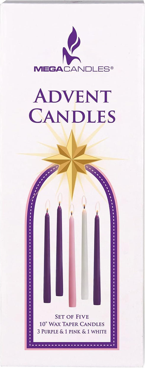 Mega Candles 5 pcs Unscented Christmas Advent Candles Set, Hand Poured Premium Wax Taper Candle 10 Inch