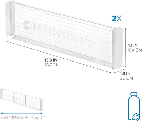 iDesign Plastic Adjustable Deep Drawer Divider, Set of 2, Expandable 13.25” – 20.75”, Clear