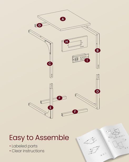 2 ULET362K01 VASAGLE C-Shaped Side Table, End Table with Charging Station, C Table for Couch, Sofa, Adjustable Feet