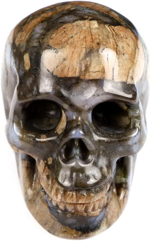 Skullis 2.0” Que Sera Stone Crystal Skull, Hand Carved Gemstone Fine Art Sculpture for Reiki Healing