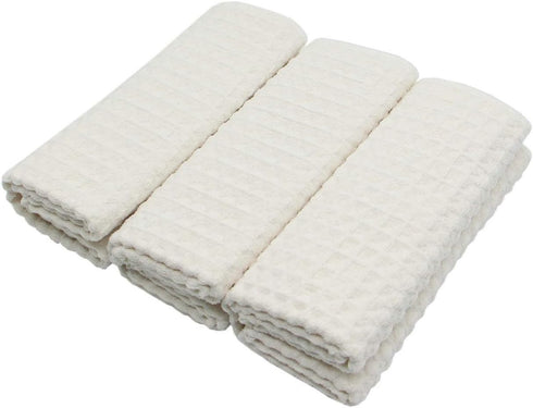 Waffle Weave Kitchen Drying Towels 3 Pack, Thick Microfiber, Absorbent, Lint Free, 16Inch x 24Inch, Beige