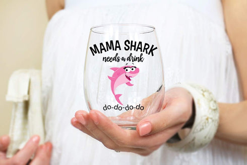 Mama Shark Needs a Drink Funny Stemless Wine Glass - Mom Gift for Birthdays, Mother's Day, Holidays