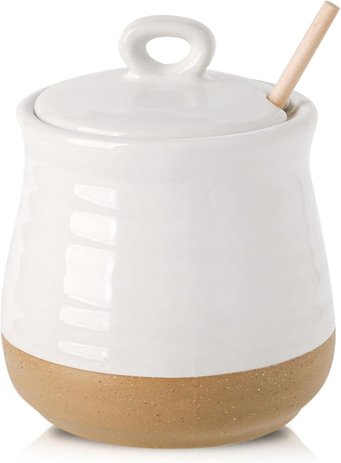 HASENSE Ceramic Honey Pot with Lid and Dipper Stick, 12 Ounce HoneyJar