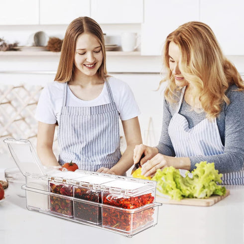 Clear Seasoning Box 4 PCS/Set, Acrylic Spice Rack with Spoon, Lid & Tray for Salt Pepper Sugar