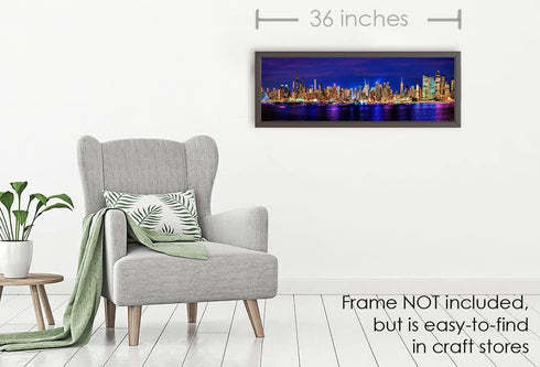 New York City 2022 Manhattan Midtown Skyline Photo Print, Unframed, Night Color, 11.75 x 36 inches