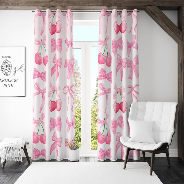 Reateforin Preppy Pink Cherry Bows Curtains Princess Curtains for Girls Bedroom Coquette Decor
