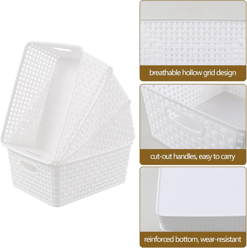 Gloreen White Plastic Basket, 8 Quart Weave Storage Baskets, Set of 4