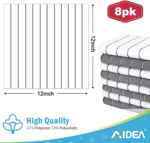 AIDEA Kitchen Towels, Absorbent Soft Dish Cloths for Home, Multi-Purpose Cleaning and Drying, 8PK, 12”x12”