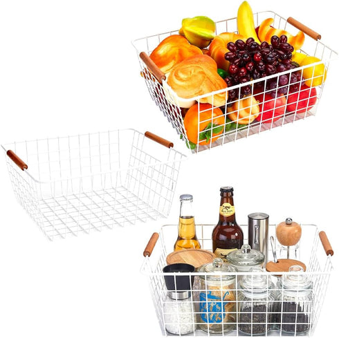 LeleCAT Large White Wire Baskets with Wooden Handles for Storage, Organizer Baskets for Cabinets, Closets, Kitchen