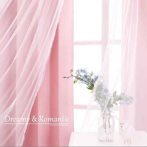 2 52x84 Inches Pink Blackout Curtains with Sheer Overlay, Panels, Thermal Insulated & Soundproof, Lace Trim