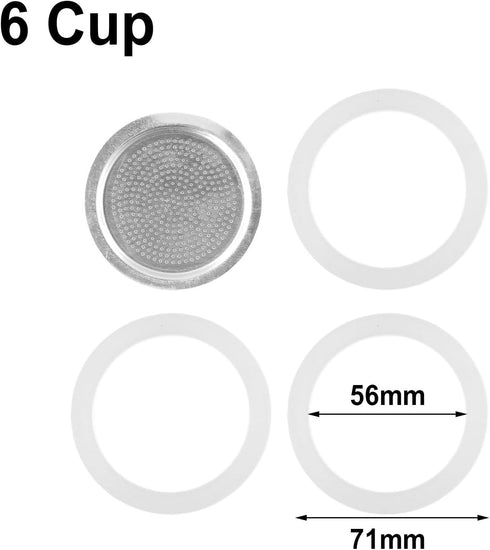 Silicone Gaskets Stainless Filter Replacement Set for Moka Coffee Maker (6 cup)