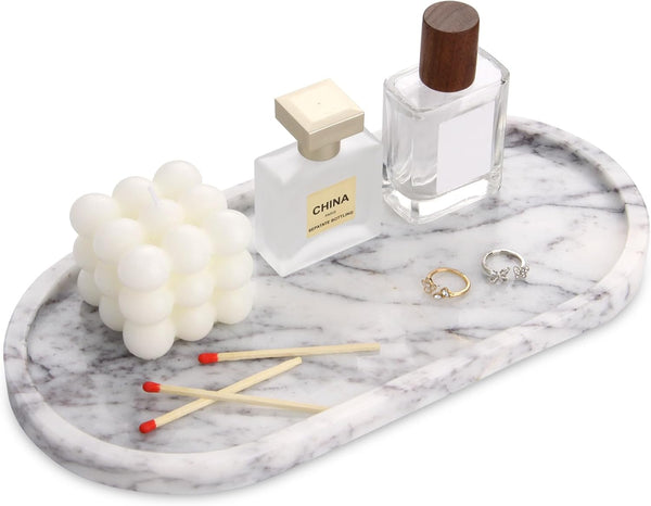 HESHIBI Oval Marble Bathroom Vanity Tray, Natural Luxury Marble Home Kitchen Bathroom Table