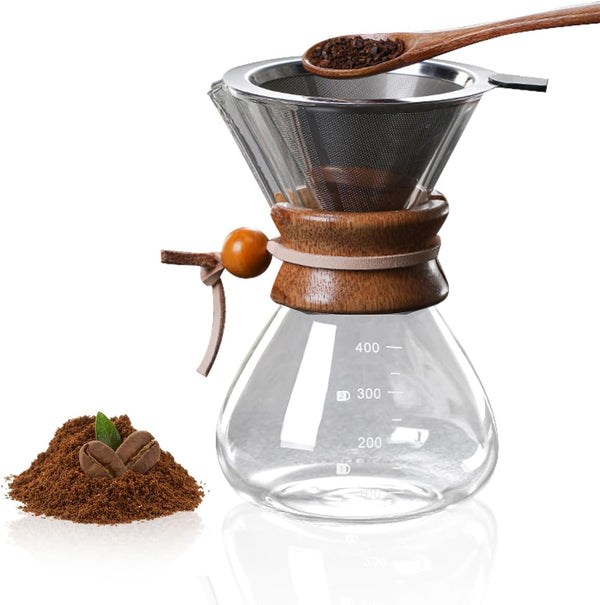 Tissting Wood Neck Pour Over Coffee Maker, 400ml Sleeve Brewer with Permanent Stainless Steel Filter