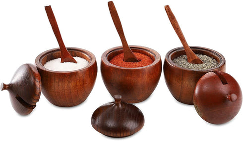 DEAYOU 3 Pack Wood Salt Box Spice Jar, Natural Wooden Salt Cellar with Lid and Spoon for Kitchen, Japanese Style