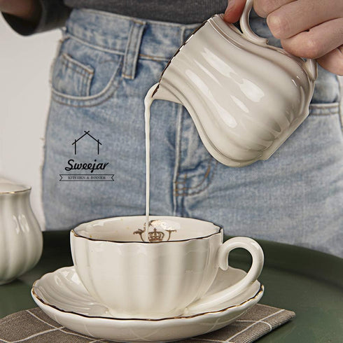 Sweejar Royal Ceramic Sugar and Creamer Set, 3 Piece Set with Cream Pitcher, Sugar Bowl, Lid & Spoon, White