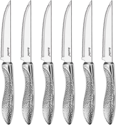 Steak Knives Set of 6, Stainless Steel Serrated Blade, Hammered Pattern Handle, 4.5 In, Dishwasher Safe for Kitchen