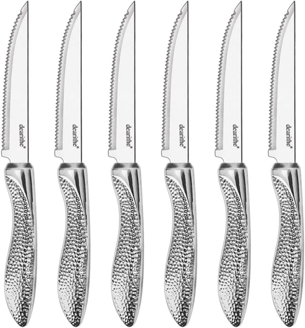 Steak Knives Set of 6, Stainless Steel Serrated Blade, Hammered Pattern Handle, 4.5 In, Dishwasher Safe for Kitchen