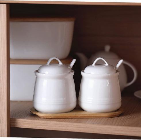 HAOTOP 2 Pack Ceramic Sugar Bowl with Tray, Spoon and Lid, Porcelain Jar for Sugar, Pepper, Coffee, Spice, 12 Ounces