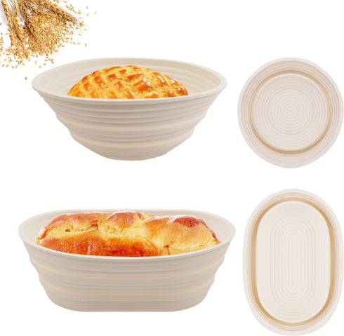 Sourdough Bread Baking Supplies - Set of 2 Silicone Banneton Proofing Baskets, 9 Inch Round & 10 Inch Oval