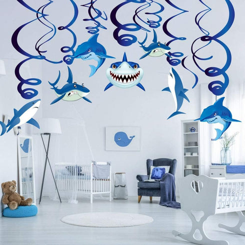 30PCS Shark Hanging Swirls Decorations - Summer Pool Under the Sea Party Supplies for Baby Shark Birthday