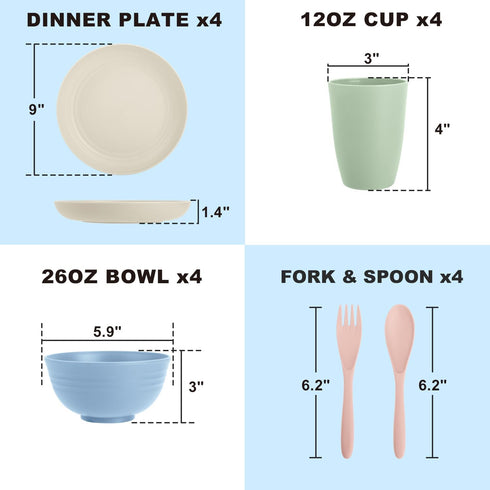 Sets 20 4, Sets, Set, Wheat Straw Dinnerware PCS Service for Unbreakable Kitchen Plates and Bowls Microwave Dishwasher