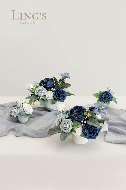 Ling's Moment 50Pcs Artificial Flowers, Dusty Blue & Navy Roses with Stems for Wedding Bouquets & Decor