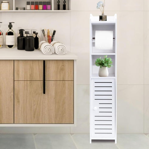 ShellKingdom Toilet Paper Holder Stand with Rods, Small Bathroom Storage Cabinet with Doors and Shelves, Slim Storage