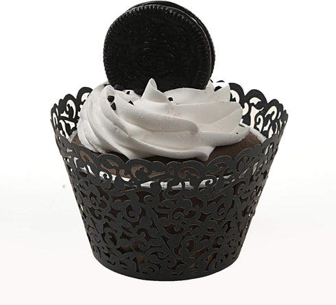 KPOSIYA 120 Pack Artistic Cupcake Wrappers, Black Laser Cut Cake Paper Cups for Wedding Baby Shower Birthday Decoration